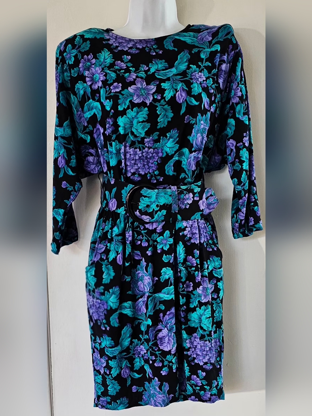 Vintage 80s All That Jazz Floral Dress w/ Belt Size 5/6 Black Teal Purple